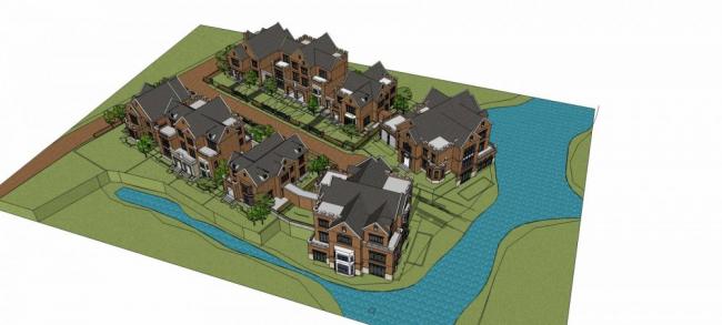 Sketchup别墅模型|英式风格，多层别墅群，居住建筑，双拼别墅，坡屋顶