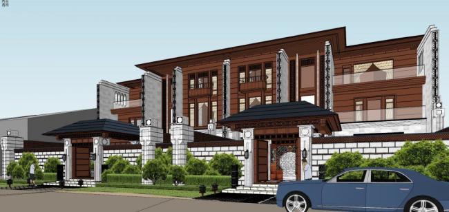 Sketchup别墅模型|联排别墅，中式风格