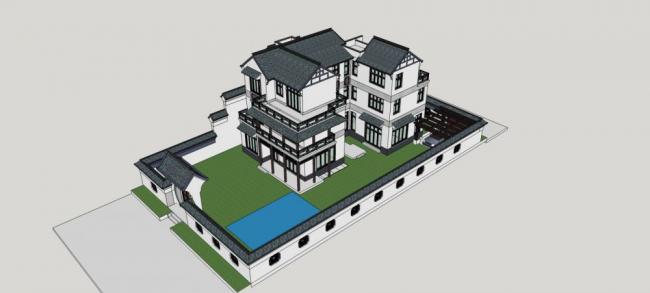 Sketchup别墅模型|庭院别墅，中式风格