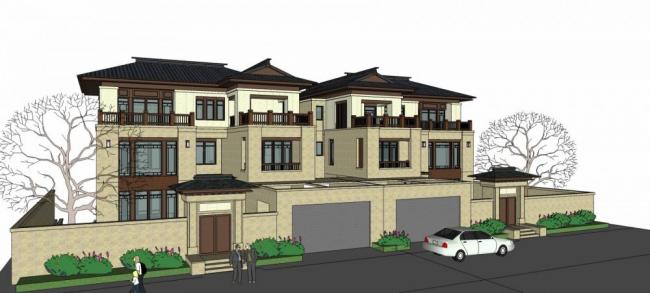 Sketchup别墅模型|双拼别墅，新中式风格