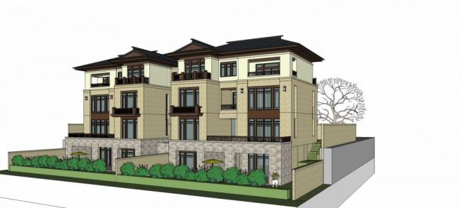 Sketchup别墅模型|双拼别墅，新中式风格