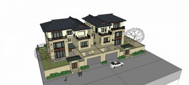 Sketchup别墅模型|双拼别墅，新中式风格