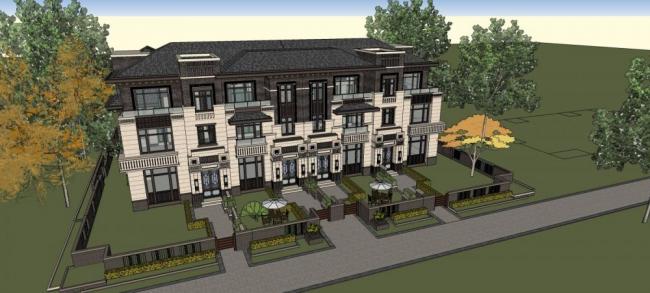 Sketchup别墅模型|莱特中式草原风，联排别墅