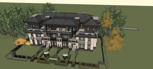 Sketchup别墅模型|莱特中式草原风，联排别墅