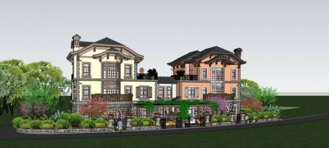 Sketchup别墅模型|双拼别墅，欧式古典风格