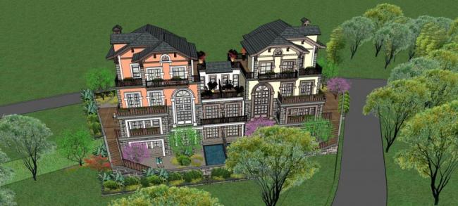 Sketchup别墅模型|双拼别墅，欧式古典风格