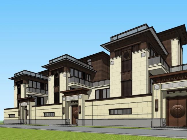 Sketchup别墅模型|联排别墅，中式风格