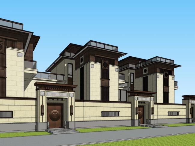 Sketchup别墅模型|联排别墅，中式风格