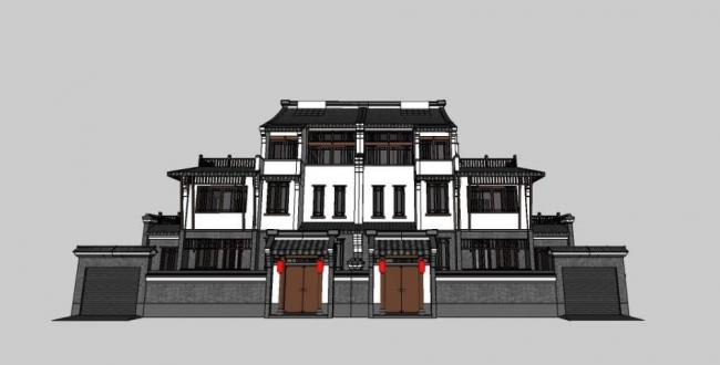 Sketchup别墅模型|中式风格，徽派坡顶,，双拼别墅