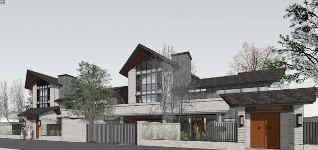 Sketchup别墅模型|双拼别墅，中式风格，双坡，柏涛