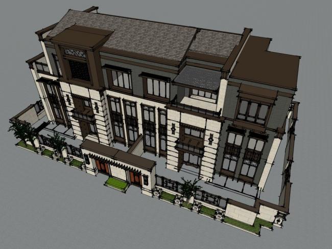 Sketchup别墅模型|双拼别墅，中式风格