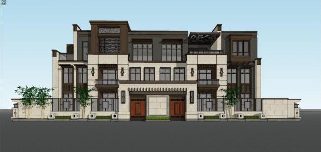 Sketchup别墅模型|双拼别墅，中式风格