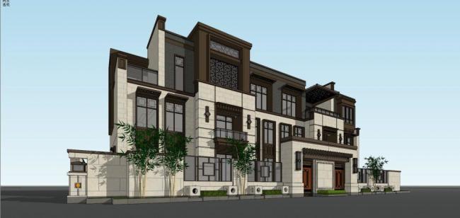 Sketchup别墅模型|双拼别墅，中式风格