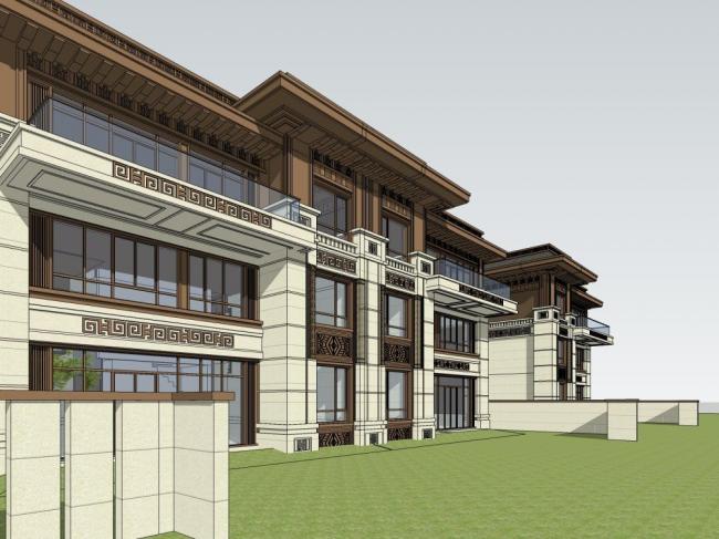 Sketchup别墅模型|双拼别墅，中式风格
