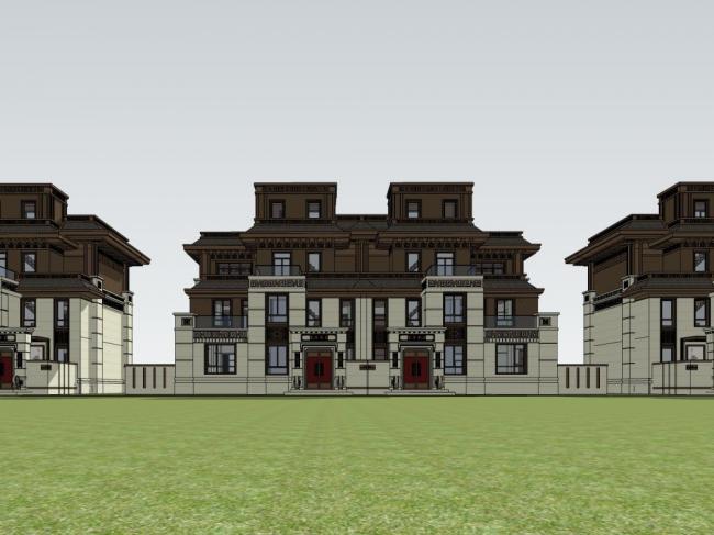 Sketchup别墅模型|双拼别墅，中式风格