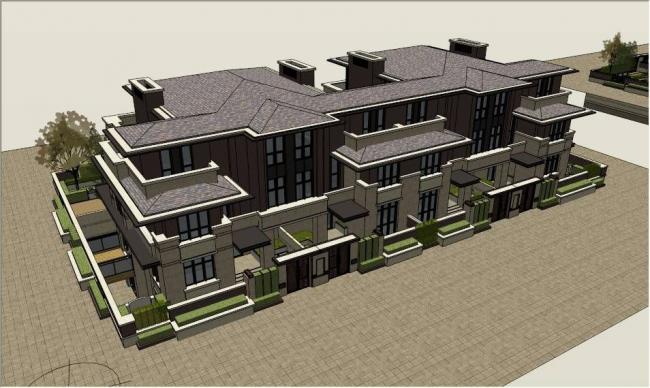 Sketchup别墅模型|草原风格长风别墅联排，古典风格，居住建筑
