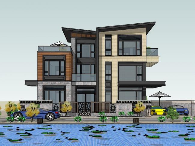 Sketchup别墅模型|独栋别墅，新中式风格