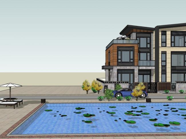Sketchup别墅模型|独栋别墅，新中式风格