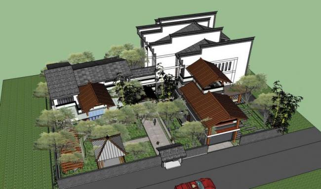 Sketchup别墅模型|独栋别墅，徽派，庭院，中式风格