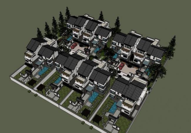 Sketchup别墅模型|徽派，坡顶别墅院墅，联排别墅，中式风格