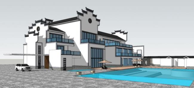 Sketchup别墅模型|多层徽派别墅会所，中式风格