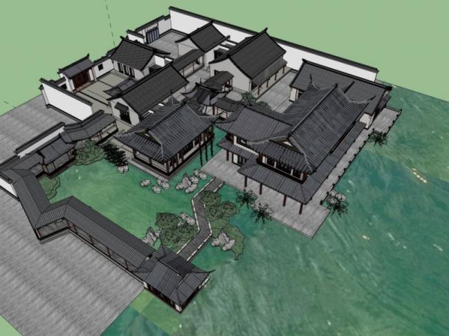 Sketchup别墅模型|多层别墅，中式风格，中式园林