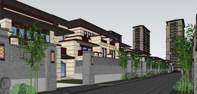 Sketchup别墅模型|联排别墅，新中式风格，居住建筑