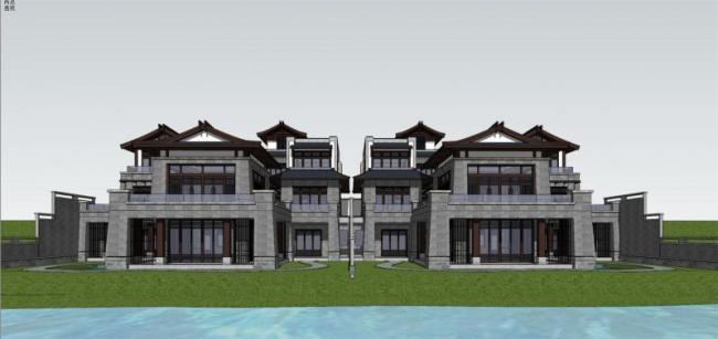 Sketchup别墅模型|联排别墅，中式风格，酒店