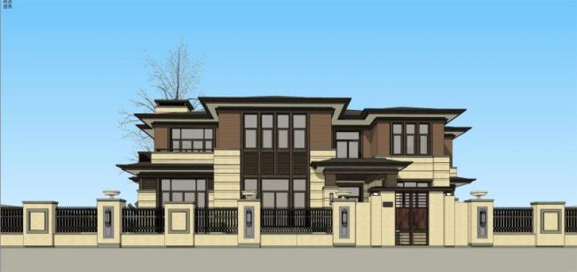 Sketchup别墅模型|独栋别墅，南入，新中式风格