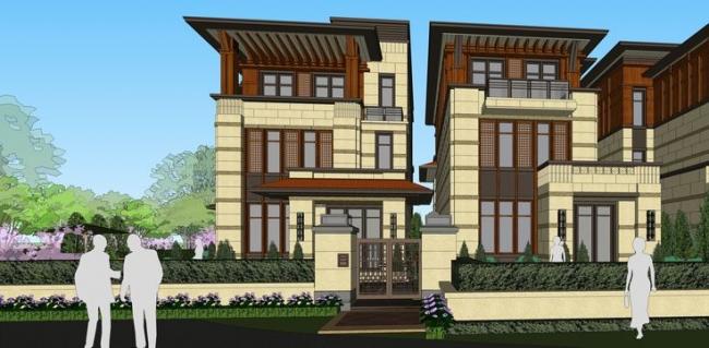 Sketchup别墅模型|联排别墅，英式风格，景观，水景