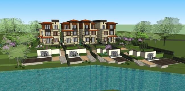 Sketchup别墅模型|联排别墅，英式风格，景观，水景