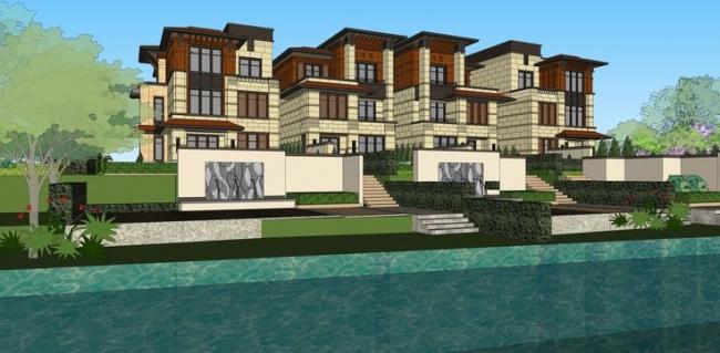 Sketchup别墅模型|联排别墅，英式风格，景观，水景