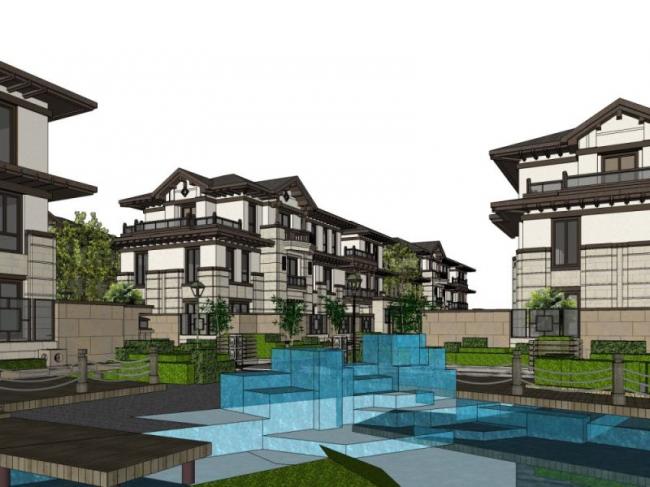 Sketchup别墅模型|联排别墅，花园洋房，新中式风格