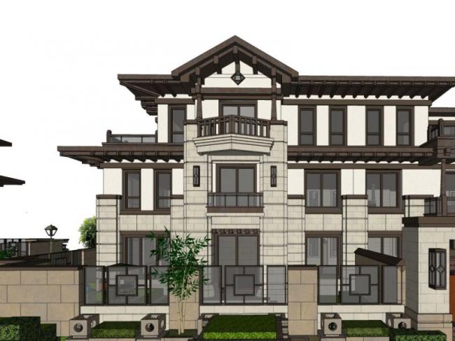Sketchup别墅模型|联排别墅，花园洋房，新中式风格