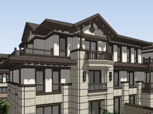 Sketchup别墅模型|联排别墅，花园洋房，新中式风格