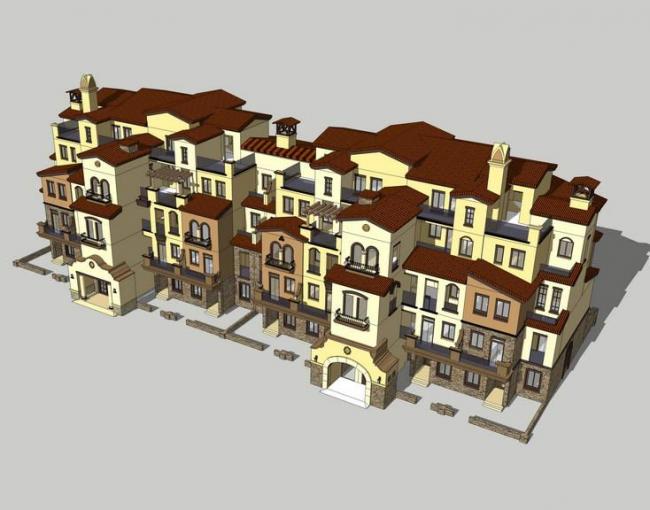 Sketchup别墅模型|叠拼别墅，联排别墅，西班牙风格，古典风格