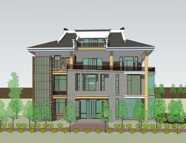 Sketchup别墅模型|农村别墅，独栋别墅，中式风格