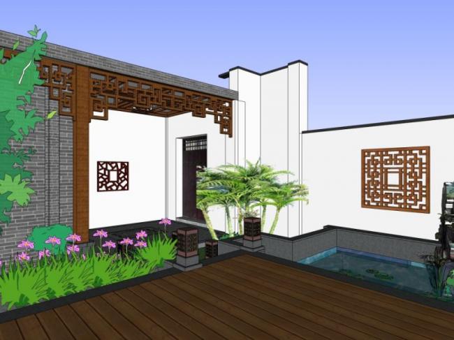 Sketchup别墅模型|别墅院子，新中式风格