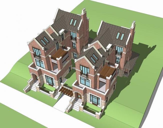 Sketchup别墅模型|双拼别墅，英式风格，古典风格