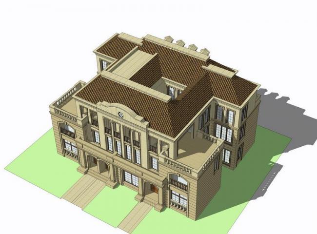 Sketchup别墅模型|双拼别墅，法式风格，古典风格