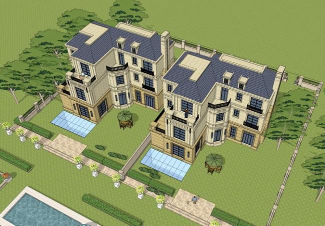 Sketchup别墅模型|双拼，叠拼别墅，法式古典风格