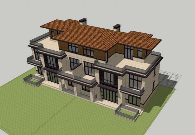 Sketchup别墅模型|双拼别墅，简欧风格，古典风格