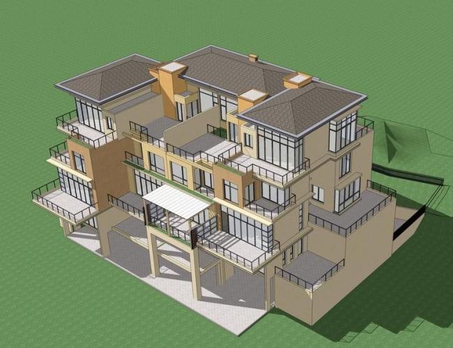 Sketchup别墅模型|双拼别墅，叠拼，现代风格