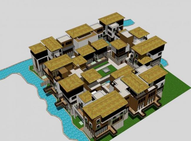 Sketchup别墅模型|联排别墅，东南亚风格