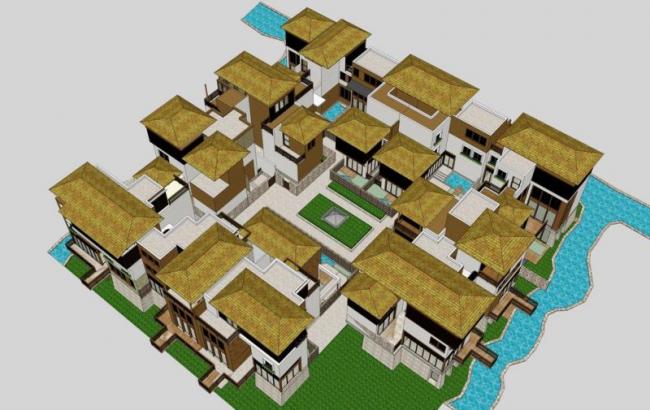 Sketchup别墅模型|联排别墅，东南亚风格