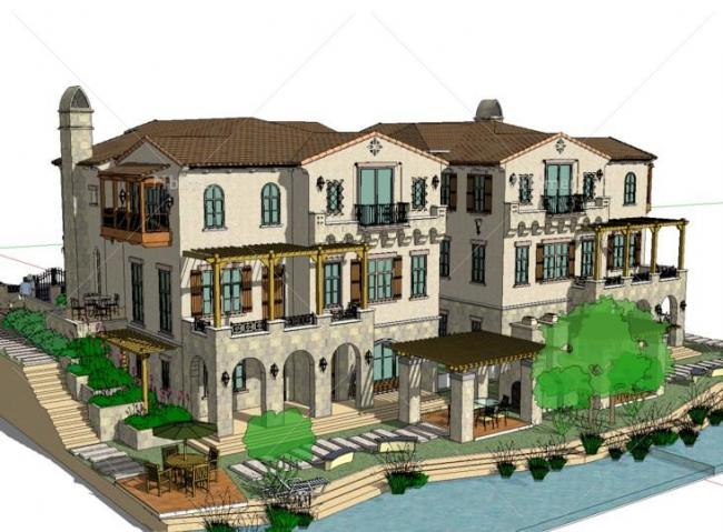 Sketchup别墅模型|双拼别墅，地中海风格，古典风格