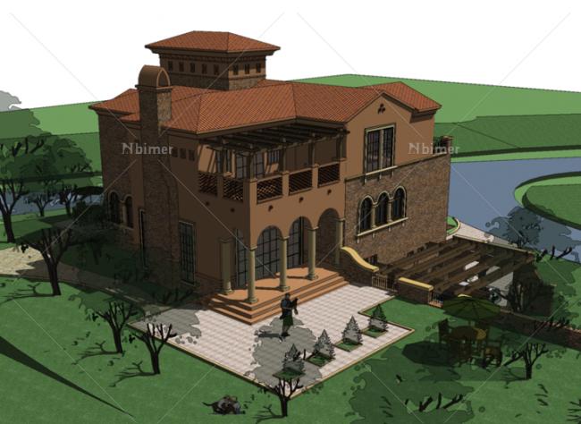 Sketchup别墅模型|独栋别墅，泉水湾，西班牙风格，古典风格