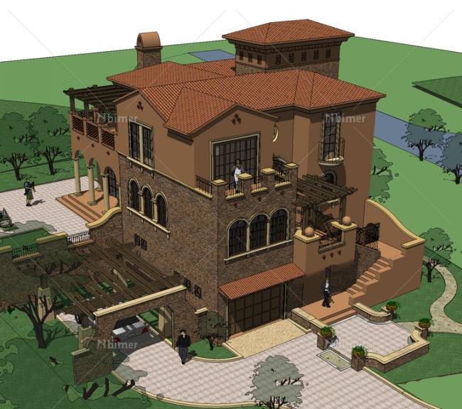 Sketchup别墅模型|独栋别墅，泉水湾，西班牙风格，古典风格