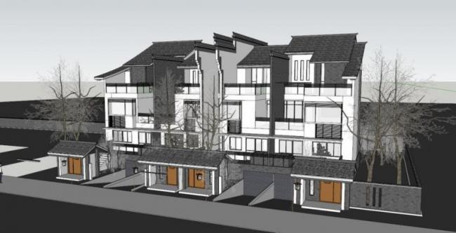 Sketchup别墅模型|联排别墅，徽派民居风格