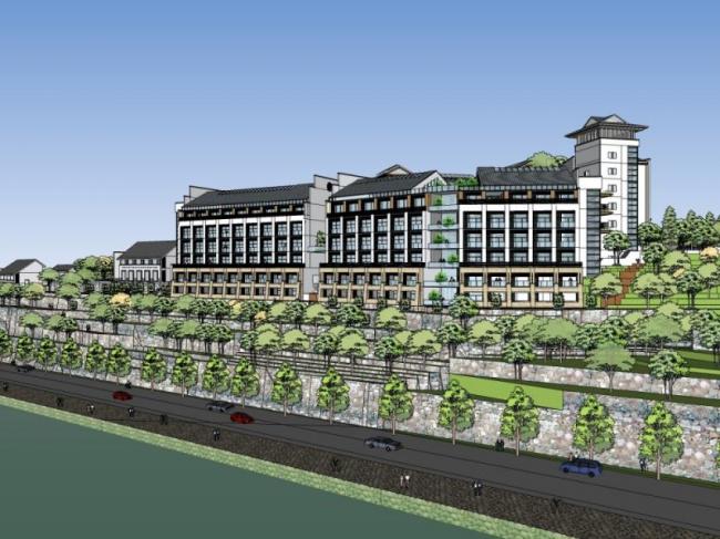 Sketchup别墅模型|叠拼别墅，现代中式风格，多层酒店